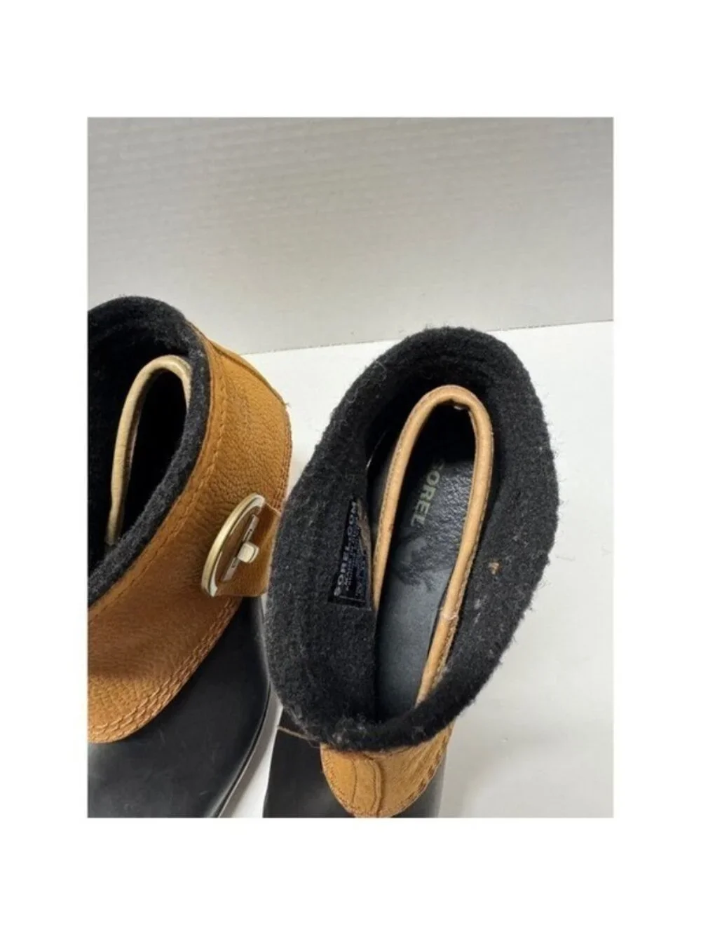 Sorel Medina III Rain Boots Black Tan Gold Heel Ankle Booties Womens 6.5 - Picture 7 of 9
